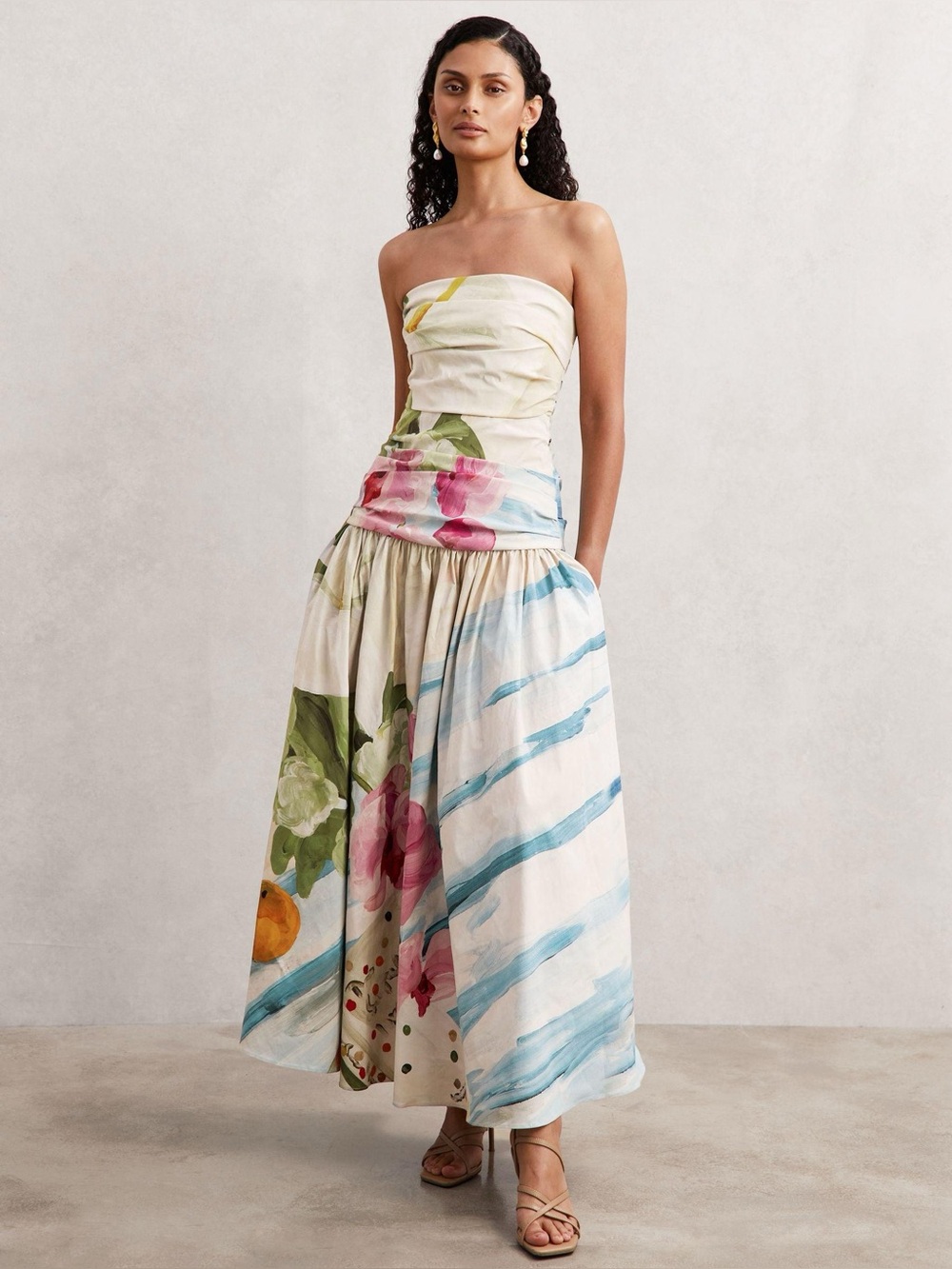 new Acler Nershall strapless drop waist maxi dress in Orange Afternoon print